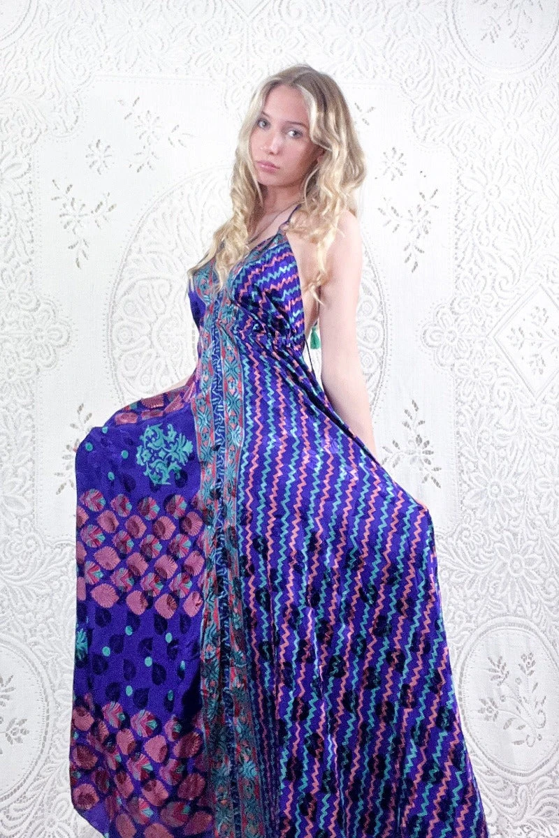 Eden Halter Maxi Dress - Vintage Sari - Violet, Jade & Bronze Motif - Free Size S/M 1 Eden Halter Maxi Dress - Vintage Sari - Violet, Jade & Bronze Motif - Free Size S/M