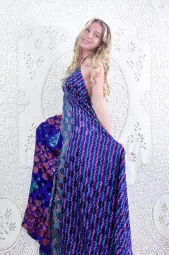 Eden Halter Maxi Dress - Vintage Sari - Violet, Jade & Bronze Motif - Free Size S/M 6 Eden Halter Maxi Dress - Vintage Sari - Violet, Jade & Bronze Motif - Free Size S/M -KIKIS Clothing Shop bohemian boho hippie chic retro recycled vintage indian sari maxi halter neck asymmetric hem with drawstring waist all about audrey 186