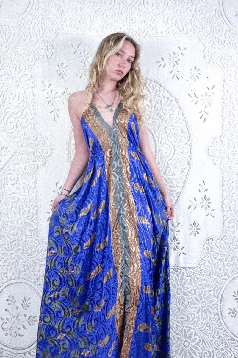 Eden Halter Maxi Dress - Vintage Sari - Violet & Gold Check Shimmer - Free Size S/M 1 Eden Halter Maxi Dress - Vintage Sari - Violet & Gold Check Shimmer - Free Size S/M