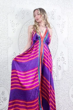 Eden Halter Maxi Dress - Vintage Sari - Bright Magenta Stripes - Free Size S/M