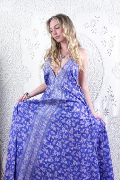 Eden Halter Maxi Dress - Vintage Sari - Embroidered Lilac & Champagne Wildflower - Free Size S/M