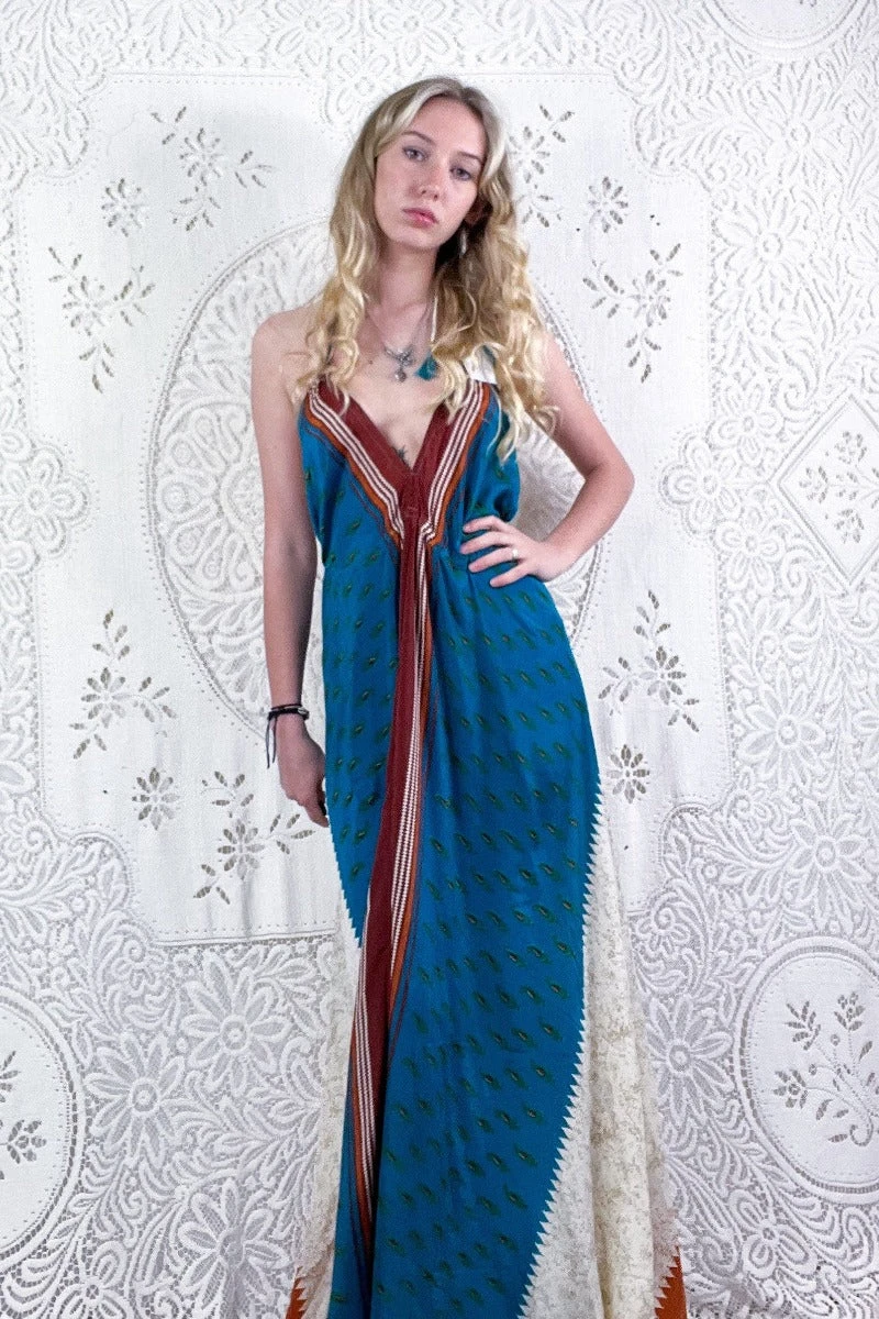 Eden Halter Maxi Dress - Vintage Sari - Teal Blue & Burnt Sienna Paisley - Free Size M/L 1 Eden Halter Maxi Dress - Vintage Sari - Teal Blue & Burnt Sienna Paisley - Free Size M/L