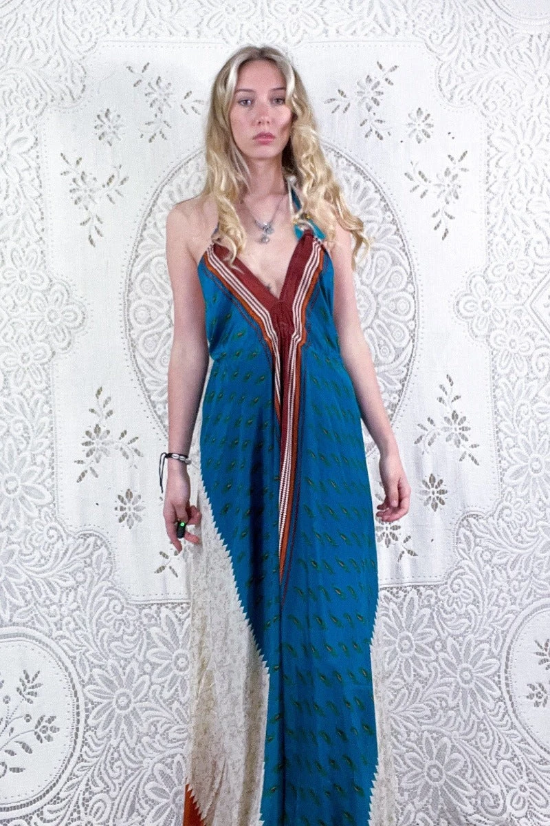Eden Halter Maxi Dress - Vintage Sari - Teal Blue & Burnt Sienna Paisley - Free Size M/L 3 Eden Halter Maxi Dress - Vintage Sari - Teal Blue & Burnt Sienna Paisley - Free Size M/L - Image 3