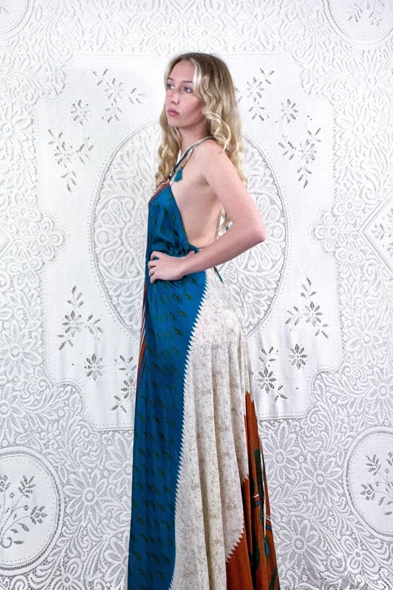 Eden Halter Maxi Dress - Vintage Sari - Teal Blue & Burnt Sienna Paisley - Free Size M/L 2 Eden Halter Maxi Dress - Vintage Sari - Teal Blue & Burnt Sienna Paisley - Free Size M/L - Image 2