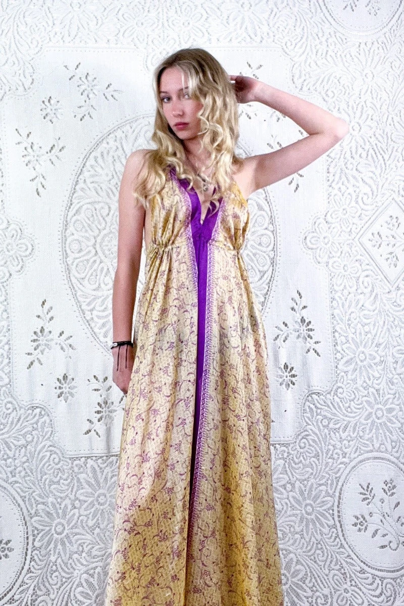 Eden Halter Maxi Dress - Vintage Sari - Antique Gold & Mulberry Wildflower - Free Size M/L 2 Eden Halter Maxi Dress - Vintage Sari - Antique Gold & Mulberry Wildflower - Free Size M/L - Image 2