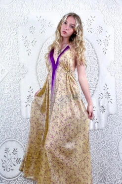 Eden Halter Maxi Dress - Vintage Sari - Antique Gold & Mulberry Wildflower - Free Size M/L