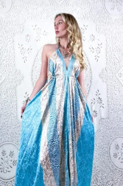 Eden Halter Maxi Dress - Vintage Sari - Baby Blue & Beige Stripe Floral - Free Size S/M 8 Eden Halter Maxi Dress - Vintage Sari - Baby Blue & Beige Stripe Floral - Free Size S/M -KIKIS Clothing Shop bohemian boho hippie chic retro recycled vintage indian sari maxi halter neck asymmetric hem with drawstring waist all about audrey 44