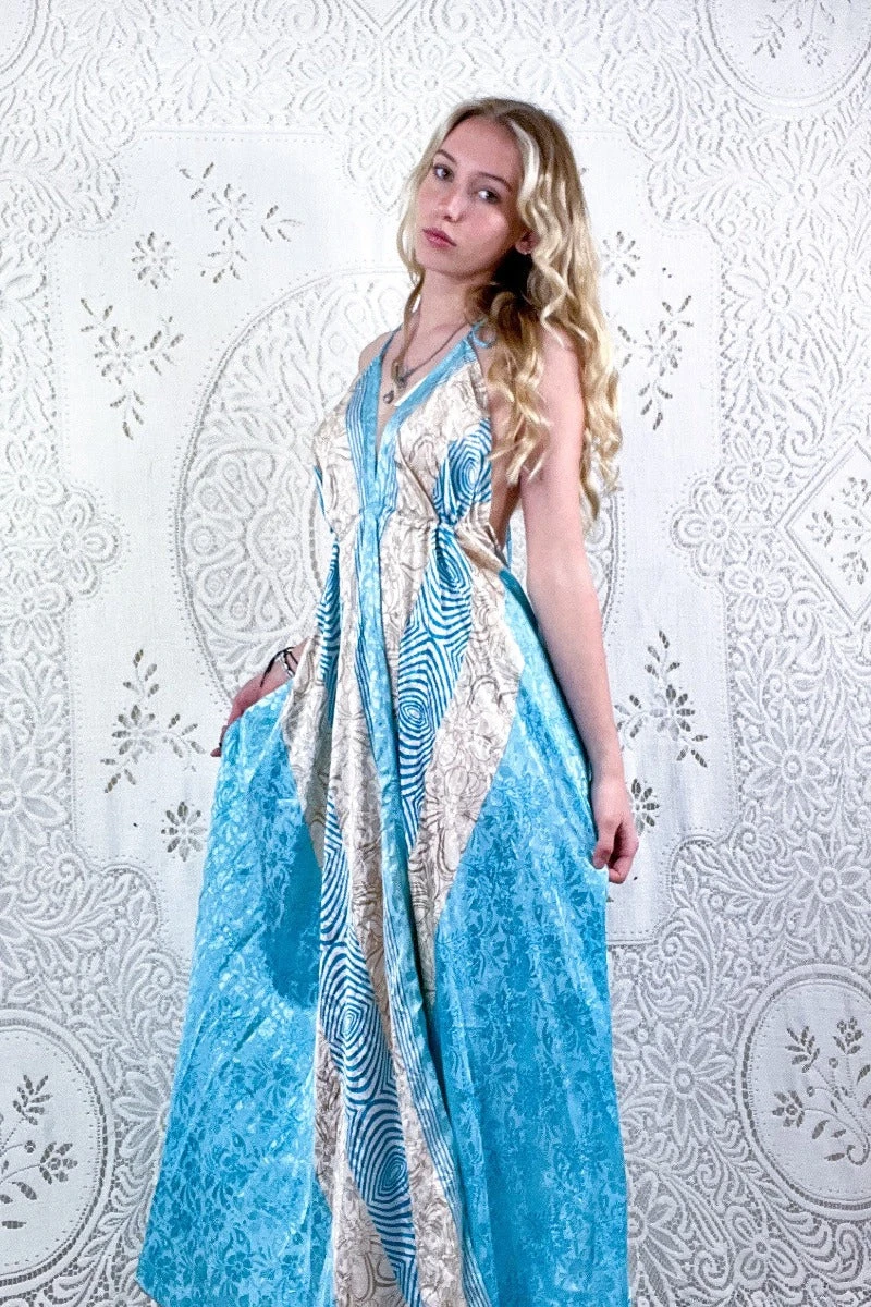 Eden Halter Maxi Dress - Vintage Sari - Baby Blue & Beige Stripe Floral - Free Size S/M 1 Eden Halter Maxi Dress - Vintage Sari - Baby Blue & Beige Stripe Floral - Free Size S/M