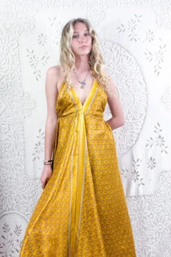 Eden Halter Maxi Dress - Vintage Sari - Sunny Gold Flower Motif - Free Size S/M -KIKIS Clothing Shop bohemian boho hippie chic retro recycled vintage indian sari maxi halter neck asymmetric hem with drawstring waist all about audrey 5