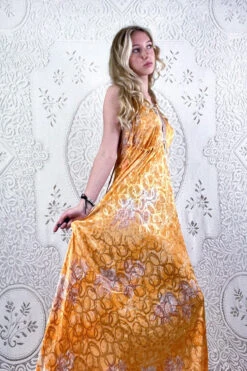 Eden Halter Maxi Dress - Vintage Sari - Apricot & Blush Pink Shimmer - Free Size M/L -KIKIS Clothing Shop bohemian boho hippie chic retro recycled vintage indian sari maxi halter neck asymmetric hem with drawstring waist all about audrey 54