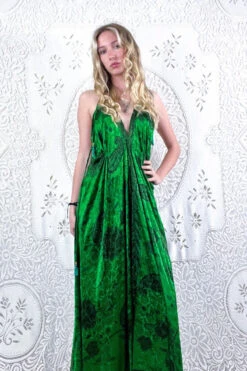 Eden Halter Maxi Dress - Vintage Sari - Emerald Green & Jet Sunflowers - Free Size M/L -KIKIS Clothing Shop bohemian boho hippie chic retro recycled vintage indian sari maxi halter neck asymmetric hem with drawstring waist all about audrey 55