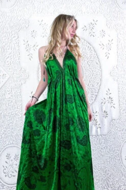 Eden Halter Maxi Dress - Vintage Sari - Emerald Green & Jet Sunflowers - Free Size M/L -KIKIS Clothing Shop bohemian boho hippie chic retro recycled vintage indian sari maxi halter neck asymmetric hem with drawstring waist all about audrey 56