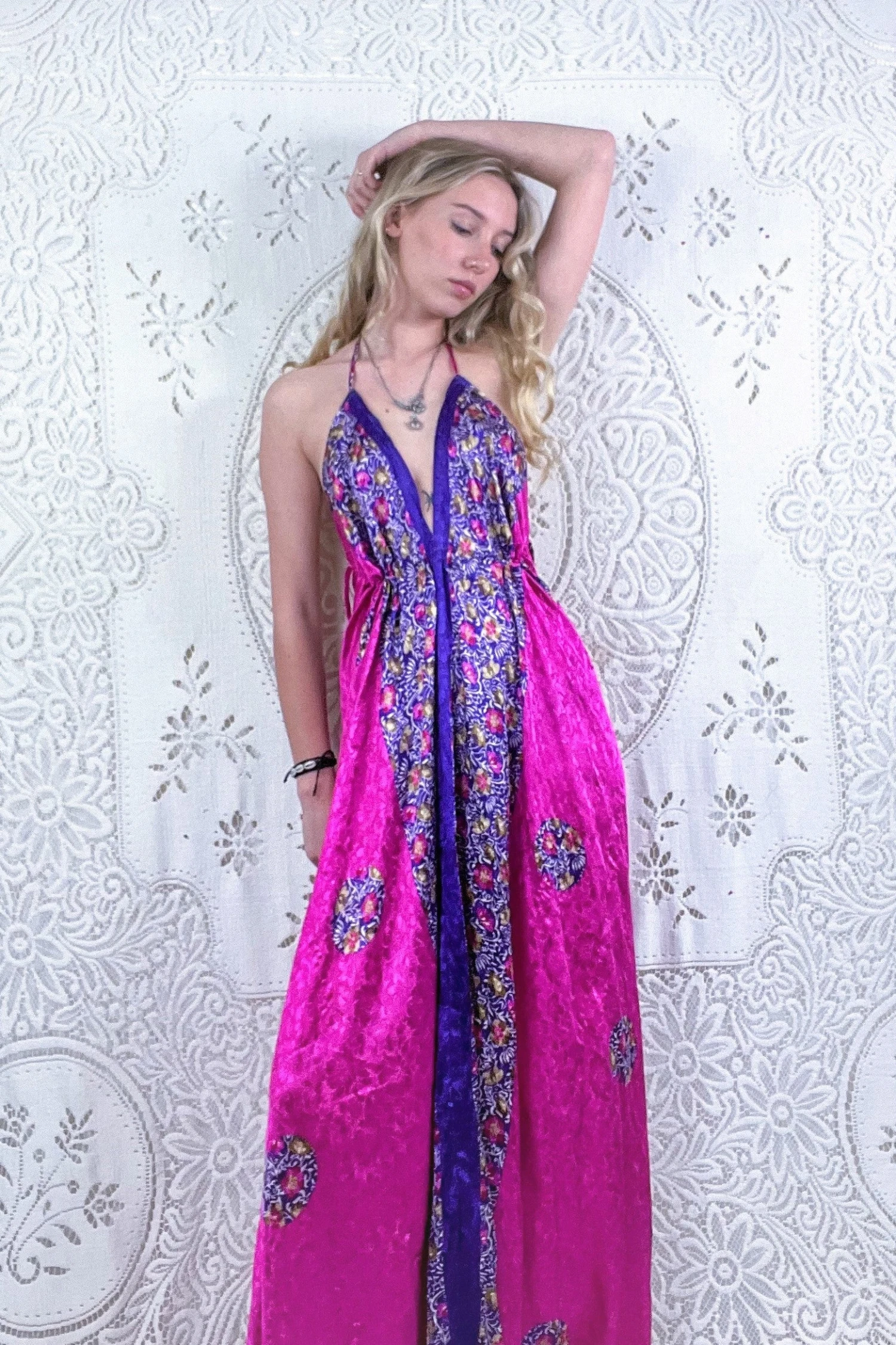 Eden Halter Maxi Dress - Vintage Sari - Fuchsia Pink & Purple Wildflower - Free Size M/L 2 Eden Halter Maxi Dress - Vintage Sari - Fuchsia Pink & Purple Wildflower - Free Size M/L - Image 2