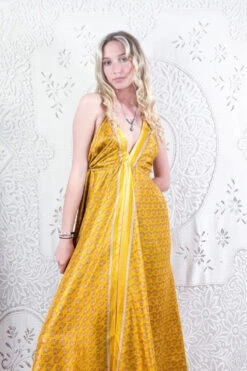 Eden Halter Maxi Dress - Vintage Sari - Sunny Gold Flower Motif - Free Size S/M