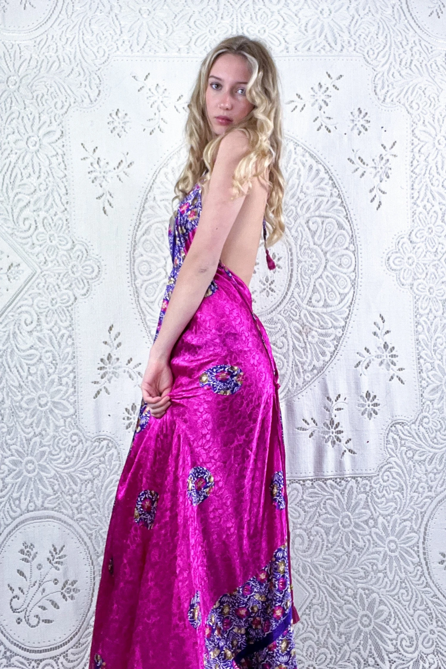 Eden Halter Maxi Dress - Vintage Sari - Fuchsia Pink & Purple Wildflower - Free Size M/L 3 Eden Halter Maxi Dress - Vintage Sari - Fuchsia Pink & Purple Wildflower - Free Size M/L - Image 3