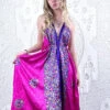 Eden Halter Maxi Dress - Vintage Sari - Fuchsia Pink & Purple Wildflower - Free Size M/L