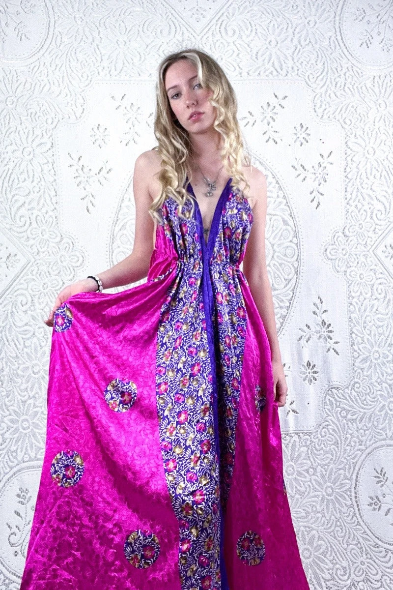 Eden Halter Maxi Dress - Vintage Sari - Fuchsia Pink & Purple Wildflower - Free Size M/L 1 Eden Halter Maxi Dress - Vintage Sari - Fuchsia Pink & Purple Wildflower - Free Size M/L