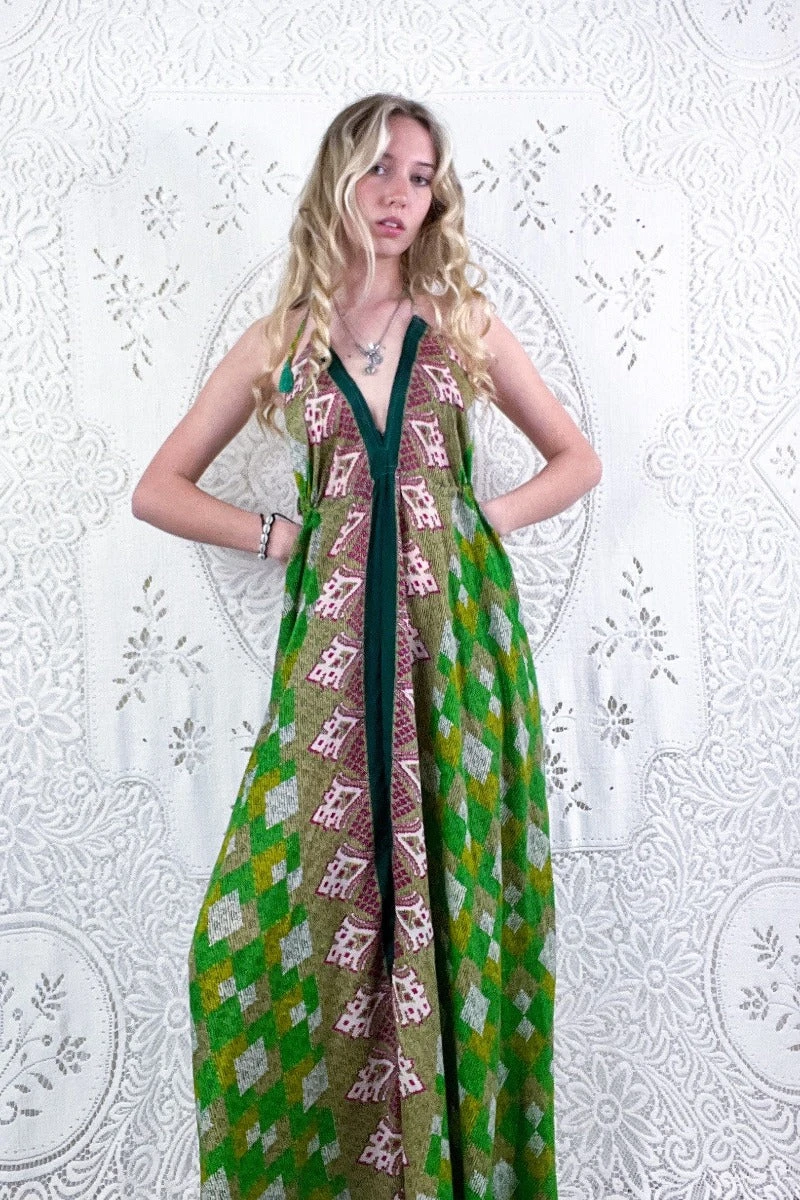 Eden Halter Maxi Dress - Vintage Sari - Shades Of Green & Magenta Aztec - Free Size S/M 2 Eden Halter Maxi Dress - Vintage Sari - Shades Of Green & Magenta Aztec - Free Size S/M - Image 2