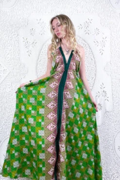 Eden Halter Maxi Dress - Vintage Sari - Shades Of Green & Magenta Aztec - Free Size S/M 7 Eden Halter Maxi Dress - Vintage Sari - Shades Of Green & Magenta Aztec - Free Size S/M -KIKIS Clothing Shop bohemian boho hippie chic retro recycled vintage indian sari maxi halter neck asymmetric hem with drawstring waist all about audrey 66