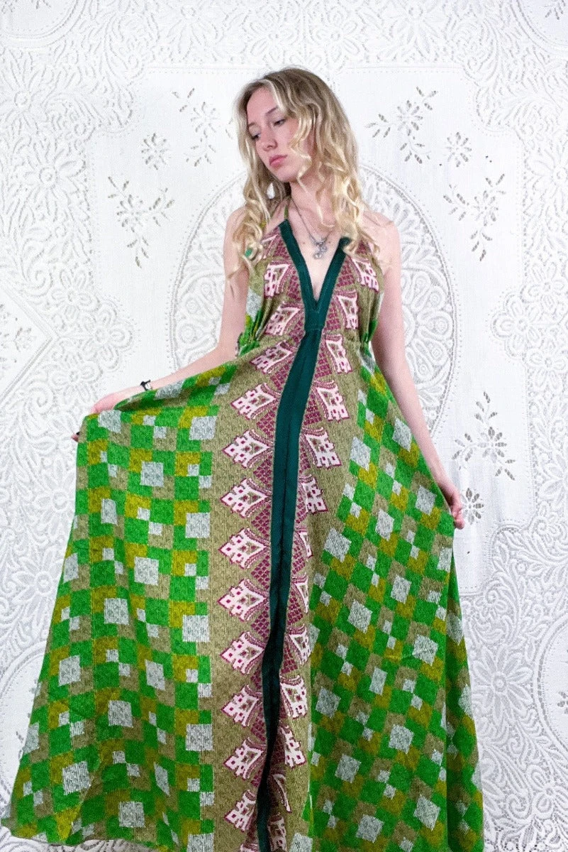 Eden Halter Maxi Dress - Vintage Sari - Shades Of Green & Magenta Aztec - Free Size S/M 3 Eden Halter Maxi Dress - Vintage Sari - Shades Of Green & Magenta Aztec - Free Size S/M - Image 3