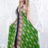 Eden Halter Maxi Dress - Vintage Sari - Shades Of Green & Magenta Aztec - Free Size S/M
