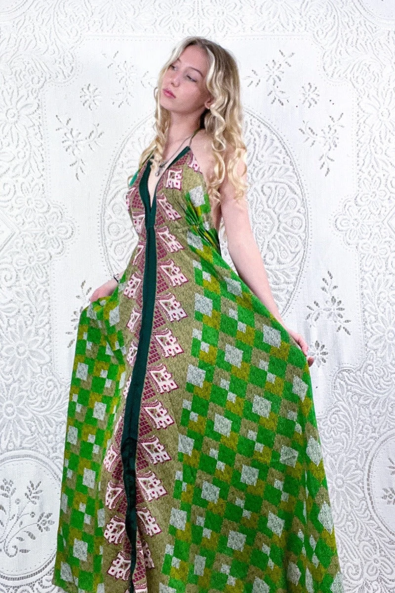 Eden Halter Maxi Dress - Vintage Sari - Shades Of Green & Magenta Aztec - Free Size S/M 1 Eden Halter Maxi Dress - Vintage Sari - Shades Of Green & Magenta Aztec - Free Size S/M
