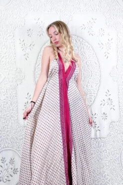 Eden Halter Maxi Dress - Vintage Sari - Antique White & Rouge Floral Motif - Free Size S/M 8 Eden Halter Maxi Dress - Vintage Sari - Antique White & Rouge Floral Motif - Free Size S/M -KIKIS Clothing Shop bohemian boho hippie chic retro recycled vintage indian sari maxi halter neck asymmetric hem with drawstring waist all about audrey 74