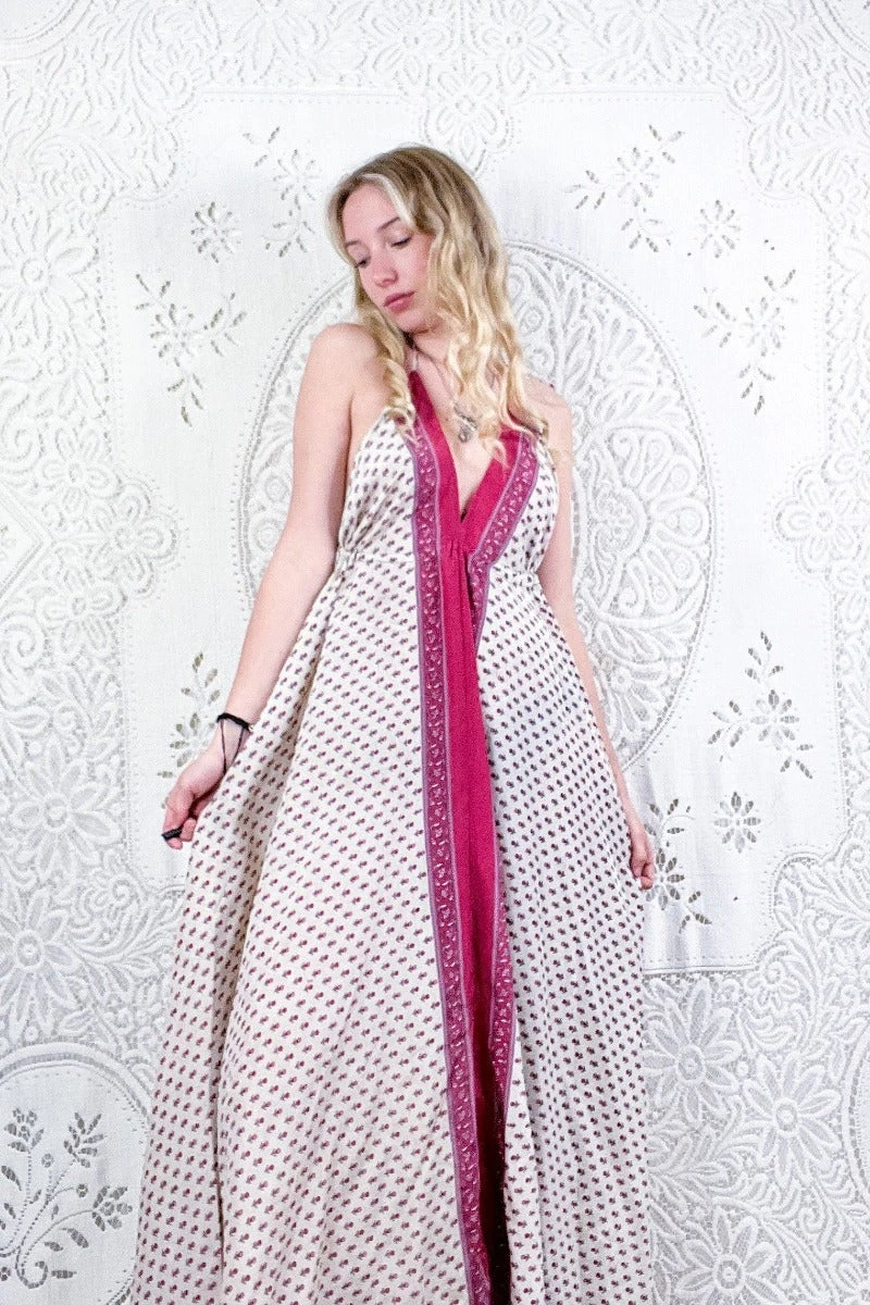 Eden Halter Maxi Dress - Vintage Sari - Antique White & Rouge Floral Motif - Free Size S/M 4 Eden Halter Maxi Dress - Vintage Sari - Antique White & Rouge Floral Motif - Free Size S/M - Image 4