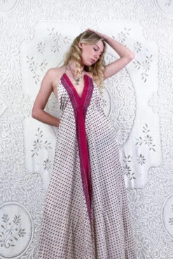 Eden Halter Maxi Dress - Vintage Sari - Antique White & Rouge Floral Motif - Free Size S/M