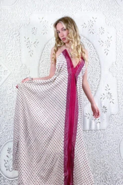 Eden Halter Maxi Dress - Vintage Sari - Antique White & Rouge Floral Motif - Free Size S/M 7 Eden Halter Maxi Dress - Vintage Sari - Antique White & Rouge Floral Motif - Free Size S/M -KIKIS Clothing Shop bohemian boho hippie chic retro recycled vintage indian sari maxi halter neck asymmetric hem with drawstring waist all about audrey 77