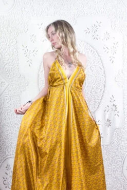 Eden Halter Maxi Dress - Vintage Sari - Sunny Gold Flower Motif - Free Size S/M -KIKIS Clothing Shop bohemian boho hippie chic retro recycled vintage indian sari maxi halter neck asymmetric hem with drawstring waist all about audrey 8