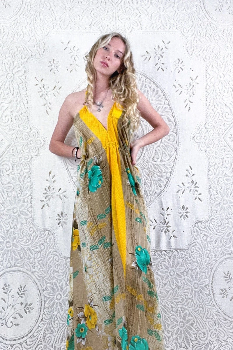 Eden Halter Maxi Dress - Vintage Sari - Lemon Yellow & Turquoise Tropical Floral - Free Size S/M 2 Eden Halter Maxi Dress - Vintage Sari - Lemon Yellow & Turquoise Tropical Floral - Free Size S/M - Image 2