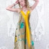 Eden Halter Maxi Dress - Vintage Sari - Lemon Yellow & Turquoise Tropical Floral - Free Size S/M