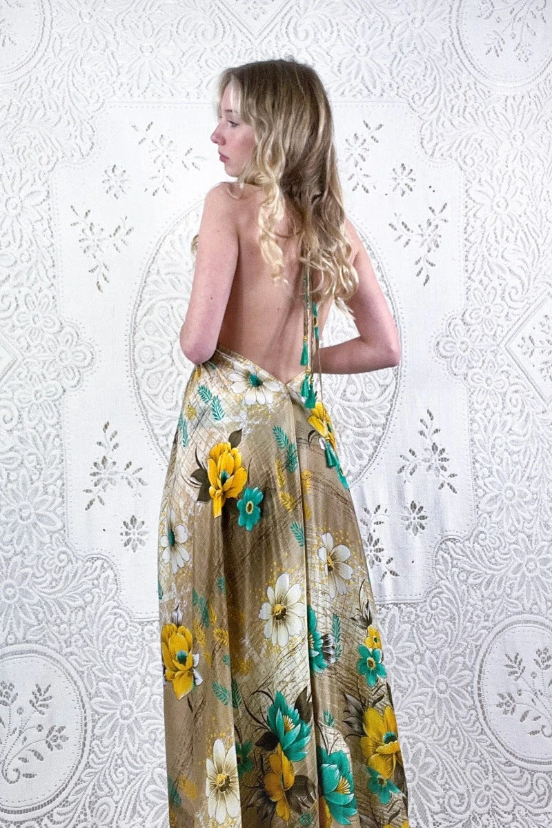 Eden Halter Maxi Dress - Vintage Sari - Lemon Yellow & Turquoise Tropical Floral - Free Size S/M 3 Eden Halter Maxi Dress - Vintage Sari - Lemon Yellow & Turquoise Tropical Floral - Free Size S/M - Image 3