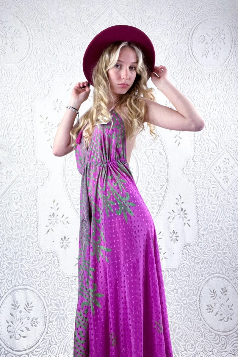 Eden Halter Maxi Dress - Vintage Sari - Cerise Pink & Green Polka Dot - Free Size S/M 2 Eden Halter Maxi Dress - Vintage Sari - Cerise Pink & Green Polka Dot - Free Size S/M - Image 2
