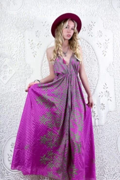 Eden Halter Maxi Dress - Vintage Sari - Cerise Pink & Green Polka Dot - Free Size S/M