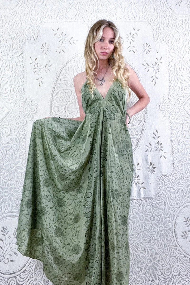 Eden Halter Maxi Dress - Vintage Sari - Mellow Sage Jacquard - Free Size S/M 4 Eden Halter Maxi Dress - Vintage Sari - Mellow Sage Jacquard - Free Size S/M - Image 4