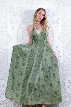 Eden Halter Maxi Dress - Vintage Sari - Mellow Sage Jacquard - Free Size S/M