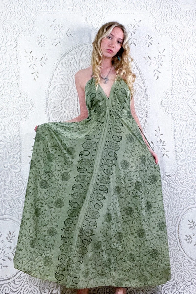 Eden Halter Maxi Dress - Vintage Sari - Mellow Sage Jacquard - Free Size S/M 1 Eden Halter Maxi Dress - Vintage Sari - Mellow Sage Jacquard - Free Size S/M