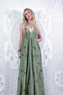 Eden Halter Maxi Dress - Vintage Sari - Mellow Sage Jacquard - Free Size S/M 6 Eden Halter Maxi Dress - Vintage Sari - Mellow Sage Jacquard - Free Size S/M -KIKIS Clothing Shop bohemian boho hippie chic retro recycled vintage indian sari maxi halter neck asymmetric hem with drawstring waist all about audrey 96