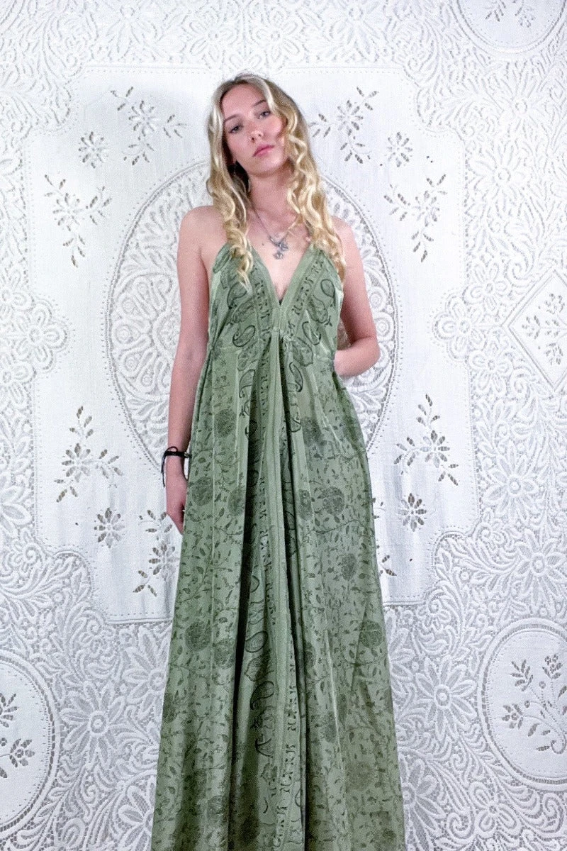 Eden Halter Maxi Dress - Vintage Sari - Mellow Sage Jacquard - Free Size S/M 3 Eden Halter Maxi Dress - Vintage Sari - Mellow Sage Jacquard - Free Size S/M - Image 3