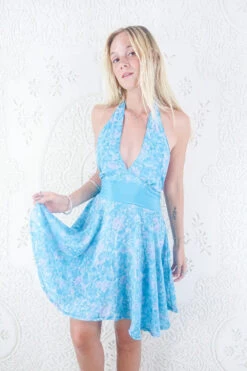 Sydney Mini Halter Dress - Crystal Blue Floral - Vintage Sari - S/M