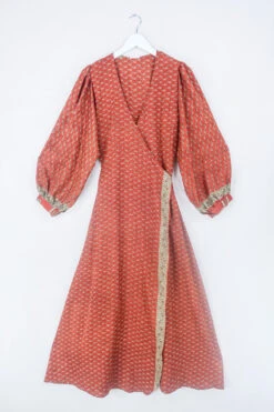 Lola Long Wrap Dress - Autumn Orange Floral - Vintage Indian Sari - Size M/L