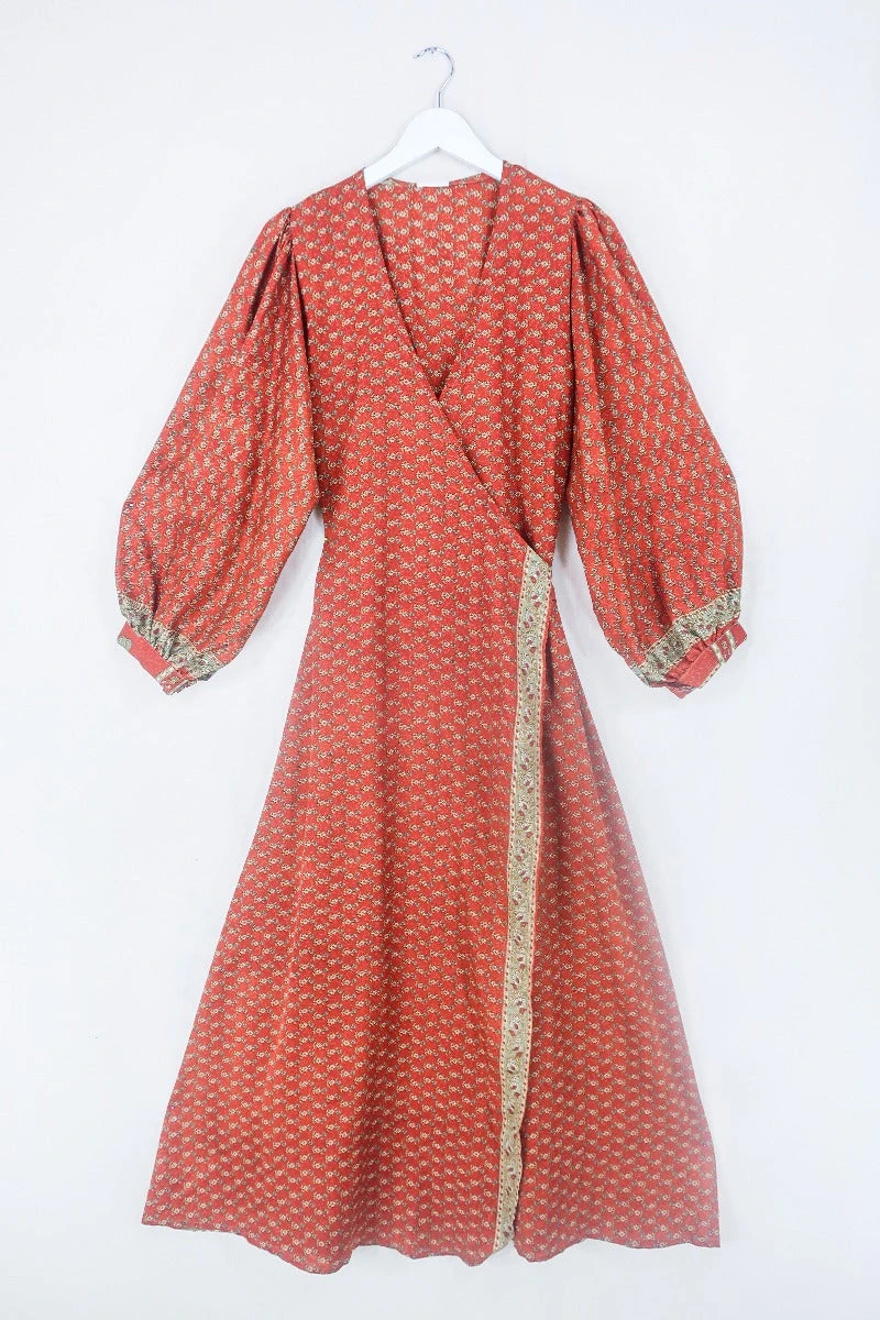 Lola Long Wrap Dress - Autumn Orange Floral - Vintage Indian Sari - Size M/L 1 Lola Long Wrap Dress - Autumn Orange Floral - Vintage Indian Sari - Size M/L