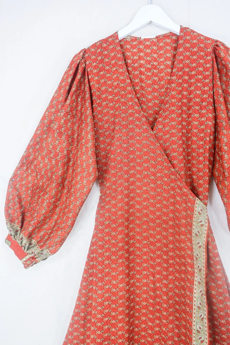 Lola Long Wrap Dress - Autumn Orange Floral - Vintage Indian Sari - Size M/L 2 Lola Long Wrap Dress - Autumn Orange Floral - Vintage Indian Sari - Size M/L - Image 2