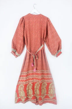 Lola Long Wrap Dress - Autumn Orange Floral - Vintage Indian Sari - Size M/L 5 Lola Long Wrap Dress - Autumn Orange Floral - Vintage Indian Sari - Size M/L -KIKIS Clothing Shop bohemian hippie wrap wraparound mini dress balloon sleeves indian recycled silk sari all about audrey 106