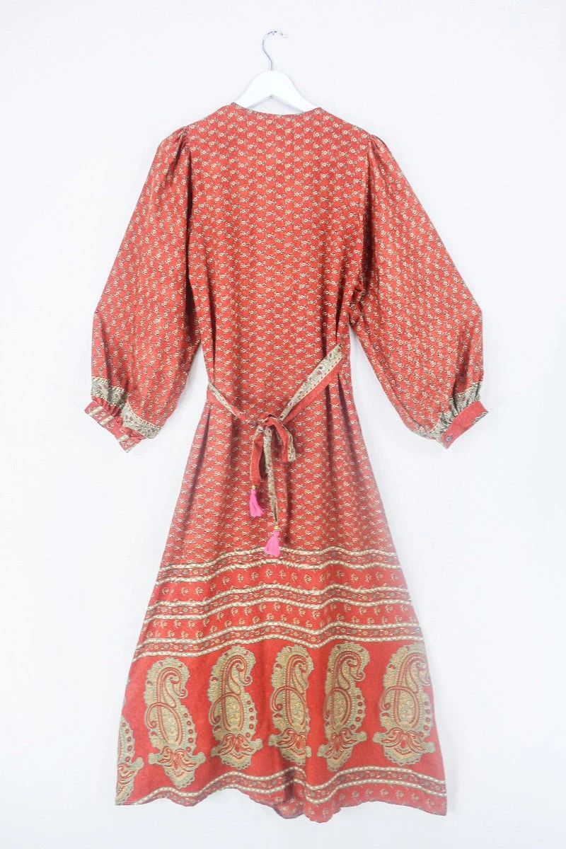 Lola Long Wrap Dress - Autumn Orange Floral - Vintage Indian Sari - Size M/L 3 Lola Long Wrap Dress - Autumn Orange Floral - Vintage Indian Sari - Size M/L - Image 3