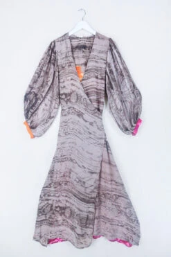Lola Long Wrap Dress - Ash Brown Velvet Illusion Print - Vintage Indian Sari - Size M/L