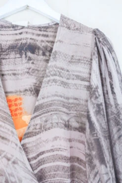 Lola Long Wrap Dress - Ash Brown Velvet Illusion Print - Vintage Indian Sari - Size M/L -KIKIS Clothing Shop bohemian hippie wrap wraparound mini dress balloon sleeves indian recycled silk sari all about audrey 109