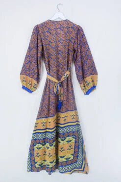 Lola Long Wrap Dress - Ginger & Indigo Psychedelic - Vintage Indian Sari - Size S/M 6 Lola Long Wrap Dress - Ginger & Indigo Psychedelic - Vintage Indian Sari - Size S/M -KIKIS Clothing Shop bohemian hippie wrap wraparound mini dress balloon sleeves indian recycled silk sari all about audrey 11
